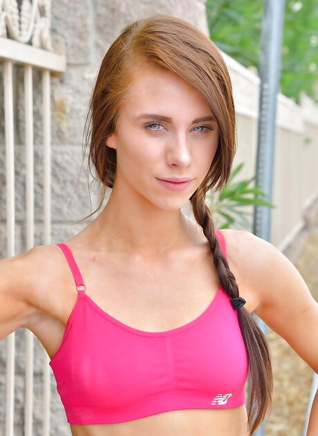 Curious american babe Anya Olsen bares her butt in fancy shorts and masturbating with dildo outdoor